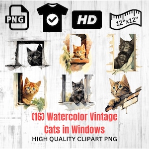 Watercolor Vintage Cats In Windows | Cat Clipart | Vintage Cat | Watercolor Cat Clipart | Cat Lover