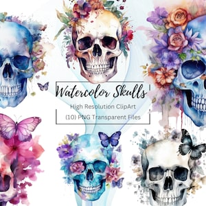 May include: Watercolour painting of ten colourful skulls with flowers and butterflies. The skulls are painted in shades of blue, purple, pink, and white. The flowers are in shades of pink, purple, and yellow. The butterflies are in shades of blue, purple, and pink.