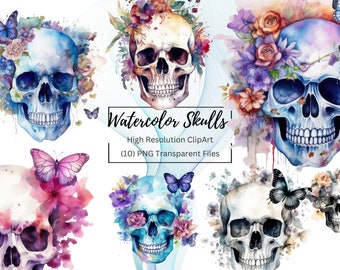 Puede incluir: Pintura de acuarela de diez cráneos coloridos con flores y mariposas. Los cráneos están pintados en tonos de azul, morado, rosa y blanco. Las flores están en tonos de rosa, morado y amarillo. Las mariposas están en tonos de azul, morado y rosa.