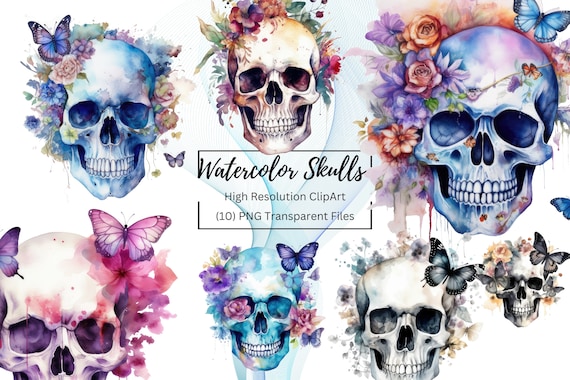 Watercolor Floral Skulls Clipart, Wiccan Clipart, Occult Clipart, Witch PNG, Free Commercial Use, Instant Download, Skull Clip Art