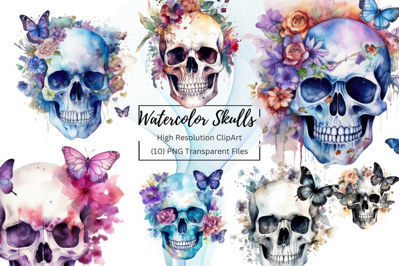 May include: Watercolour painting of ten colourful skulls with flowers and butterflies. The skulls are painted in shades of blue, purple, pink, and white. The flowers are in shades of pink, purple, and yellow. The butterflies are in shades of blue, purple, and pink.