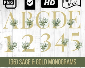 Elegant Sage & Gold Monogram Clipart - Sage Greenery, Alphabet and Numbers, Perfect for Wedding Invitations, Holiday Cards, and DIY Crafts