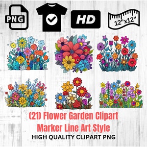 Flower Garden Marker Line Art | Flower Clipart | Colorful Floral Clipart | Flower PNG | Instant Download