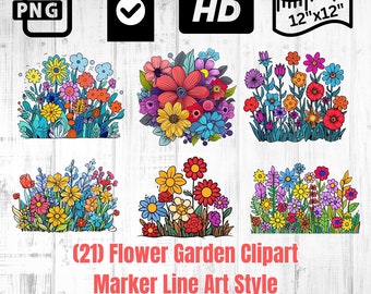 Flower Garden Marker Line Art | Flower Clipart | Colorful Floral Clipart | Flower PNG | Instant Download