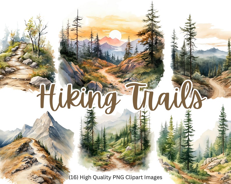 May include: A set of 16 watercolour illustrations of hiking trails in a woodland setting. The illustrations feature winding paths, lush greenery, and towering trees. The text "Hiking Trails" is displayed in a brown font.