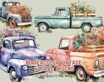 Watercolor Flower Truck Clipart Floral Truck Vintage Truck Clipart Junk Journal Farmhouse Clipart Floral Truck