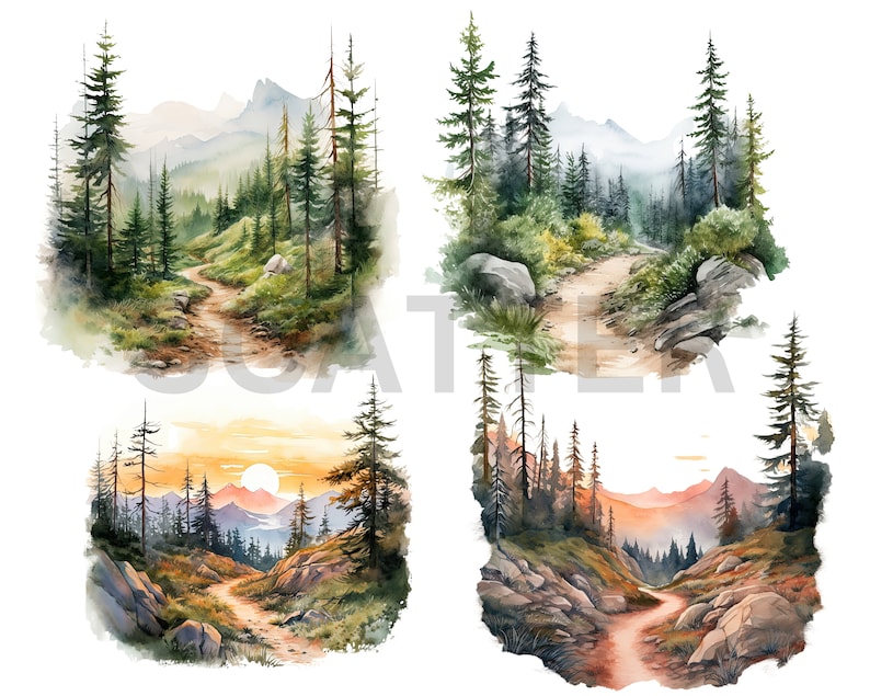 May include: Four watercolour paintings depicting a winding path through a forest. Each painting features a different time of day, with the first showing a bright, sunny day, the second showing a cloudy day, the third showing a sunset, and the fourth showing a sunrise.