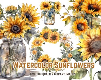 Watercolor Sunflower Clipart | Sunflower PNG | Fall Sunflower Floral Bouquets | Instant Download
