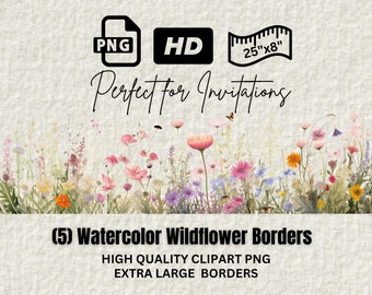 May include: Five watercolor wildflower borders, perfect for invitations. Each border is 25 inches wide by 8 inches tall. High quality clipart PNG, extra large borders.