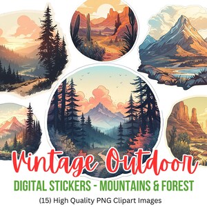 Mountains & Forest Digital Stickers | Outdoor Clipart | Mountain Clipart | Vintage Mountain Clipart | Vintage PNG