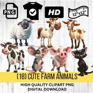 Adorables imágenes prediseñadas de animales de granja / Estilo de dibujos animados lindos PNG de animales / Ilustraciones de granja de alta resolución / Uso comercial / Descarga instantánea