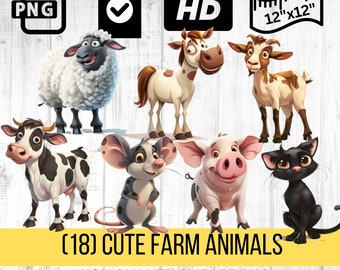 Adorable Farm Animal Clipart | Cartoon Style Cute Animal PNGs | High-Resolution Farm Illustrations | Commercial Use | Instant Download
