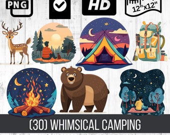 Whimsical Outdoor Camping Adventure Clipart | Modern Flat Design Cute Camping Clipart Bundle | Instant Download PNG Images