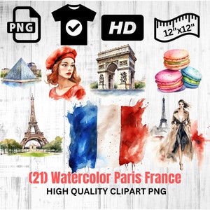 Aquarelle Paris France Clipart Collection | Clipart Tour Eiffel | Clipart mode parisienne | Drapeau français PNG | Téléchargement instantané