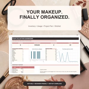 Peut inclure: Un tableau de bord numérique pour organiser sa collection de maquillage avec le texte YOUR MAKEUP. FINALLY ORGANIZED. Il comprend des sections pour l'inventaire, l'utilisation, les projets et les listes d'envies, avec des graphiques et tableaux.