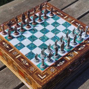 Handmade Metal Chess Set: Wooden Storage Board, Luxury Gift