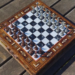 Personalized Handmade Wooden Chess Set with Metal Pieces