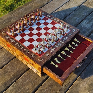 Handmade Chess Set with Metal Chess Pieces, Personalized Chess Sets for Adults, Wooden Storage Chess Board, Best Christmas Gift for Him