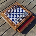 Personalized Handmade Metal Chess Set: Wooden Storage Board