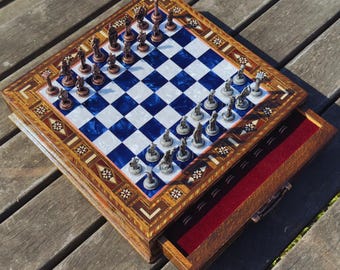 Personalized Handmade Metal Chess Set: Wooden Storage Board