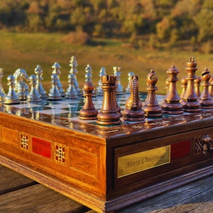 Handmade Wooden Chess Set with Metal Pieces & Storage Drawer