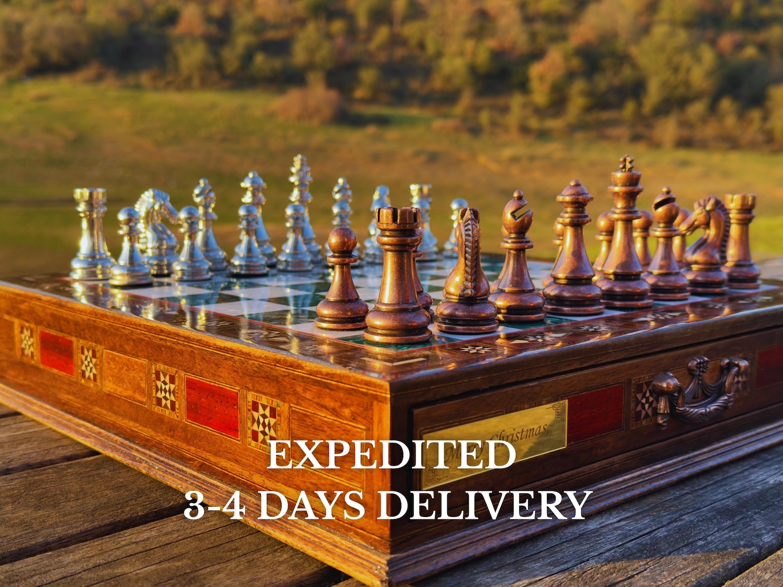 Handmade Wooden Chess Set: Metal Pieces, Storage Chess Board, Personalized Christmas Gift for Him