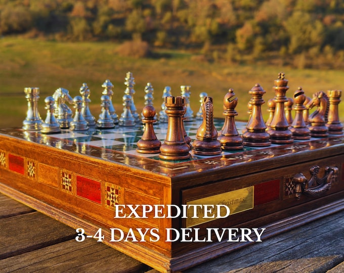 Handmade Wooden Chess Set: Metal Pieces, Storage Chess Board, Personalized Christmas Gift for Him