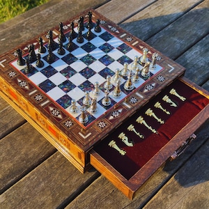 Handmade Metal Chess Set: Wooden Board with Storage Drawer