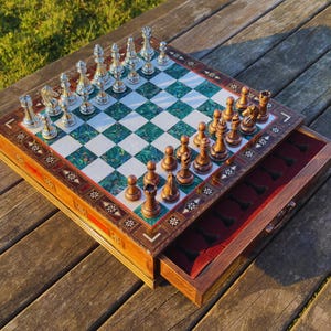 15'' Handmade Chess Set with Metal Chess Pieces, Personalized Chess Sets for Christmas Gift, Wooden Storage Chess Board, Best Birthday Gift