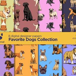 May include: Eight digital designer papers featuring different dog breeds. Each paper has a repeating pattern of a different dog breed, including a pug, bulldog, corgi, boxer, dachshund, and French bulldog. The papers are 13 inches by 13 inches and 300 dpi.