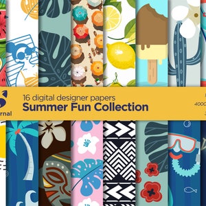 May include: A set of 16 digital designer papers with a summer theme. The papers feature various designs, including lemons, palm trees, pineapples, watermelon, ice cream, and a cactus. The papers are 12 inches by 12 inches and 300 dpi.