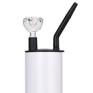 May include: A white and black glass smoking pipe with a removable bowl and a long mouthpiece.