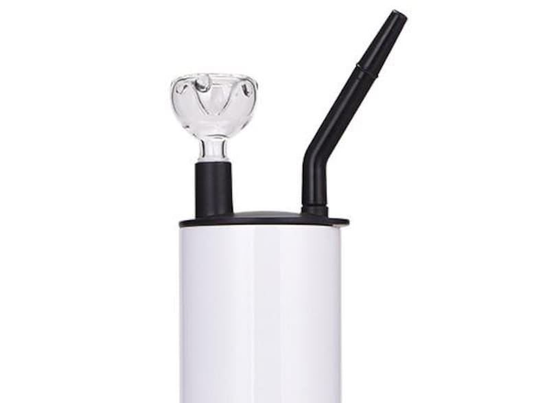 May include: A white and black glass smoking pipe with a removable bowl and a long mouthpiece.