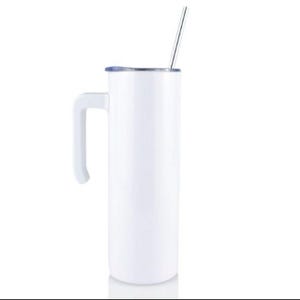 May include: White stainless steel travel mug with a handle and a lid. The mug has a straw sticking out of the lid.