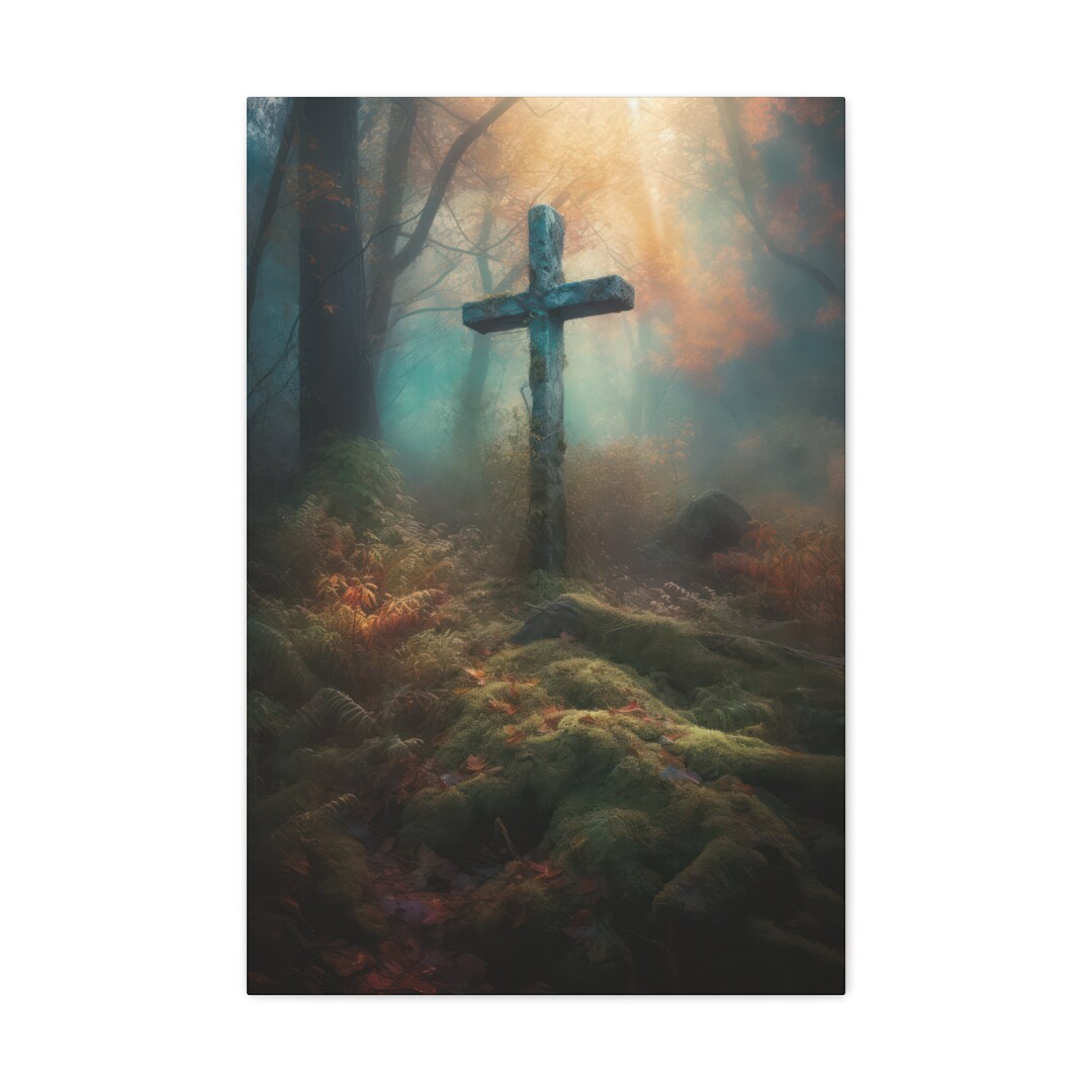Enchanted Forest Stone Cross Canvas Wall Art Christian Decor Faith Jesus God Bible Spirituality