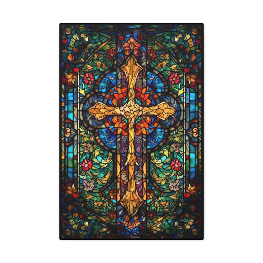 Golden Stained Glass Cross Canvas Wall Art Christian Decor Faith Jesus God Bible Spirituality