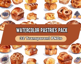 Watercolor Bakery Clipart Pastries Pack - PNG Files Playing Craft Supplies & Tools Paper, Party, Kids Papercraft - Scrapbooking