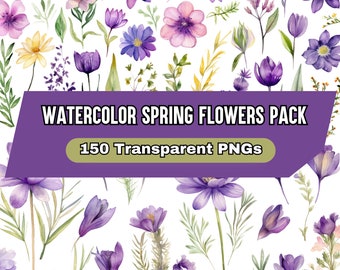 Watercolor Clipart Summer Flowers Purple Pack - Art - Collectibles - Drawing - Illustrations - Digital - Crafting - Card Making - Weddings