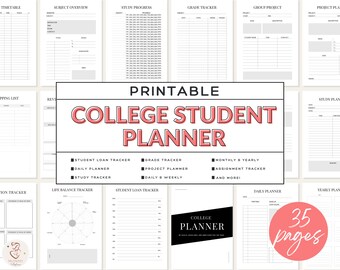 May include: A printable college student planner set featuring 35 pages of black and white templates including a timetable, subject overview, study progress, grade tracker, group project, study planner, shopping list, life balance tracker, and student loan tracker.