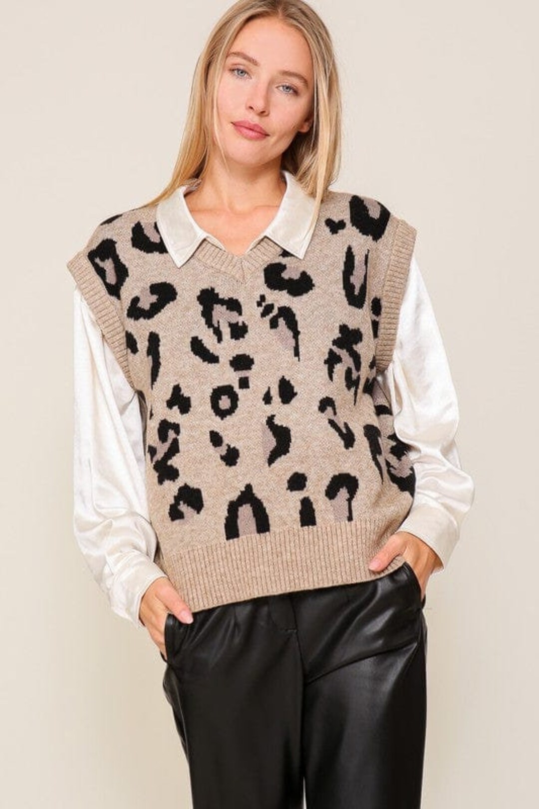 SO ME Big Metal Button Front Leopard Sweater Vest Top main image 0