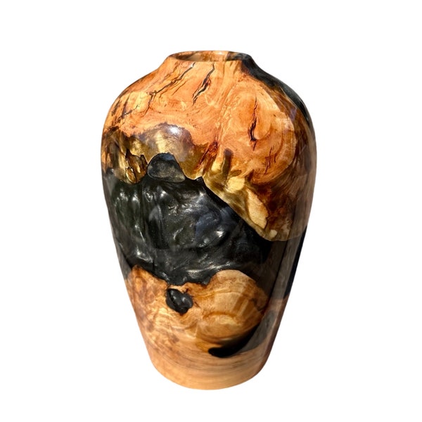 One of a Kind Hand Turned Wood Resin Vase / Maple Burl with Black Resin / Custom Woodworking / Perfect Gift