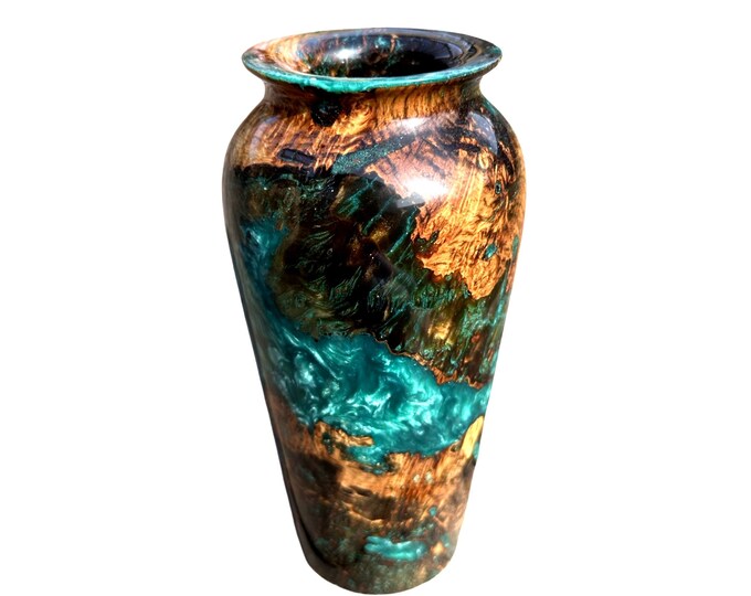 Hand Turned Wood Resin Vase / Black Willow Burl With Teal