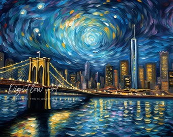 Vibrações da cidade de Nova York Cores giratórias Noite estrelada Arranha-céu Impressão de parede Arte Decoração La Ciudad De Nueva York Gran Manzana Imprimible