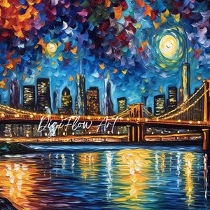 Twinkling Stars Over the New York Cityscape Wall Artwork Printable Impressionist NYC Cityscape Print La Ciudad De Nueva York Imprimible