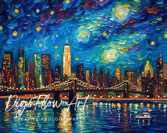 Serene notte stellata Skyline di New York parete opera d'arte minimalista paesaggio urbano di New York stampa Horizonte De La Ciudad De Nueva York stampabile Imprimible