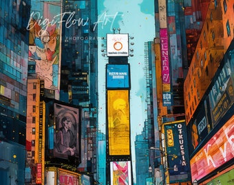 Dipinti di architettura dettagliati dai colori vivaci Stampa di New York Times Square Paesaggio urbano di New York stampabile Arte De Nueva York Imprimible