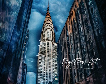 Flatiron Nova York Manhattan Blue Sky Chrysler Building Skyline Pintura Arte de decoração de parede para casa sala de estar, dormitório, escritório