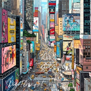 Unik arkitekturmålning New York Times Square-tryck Realistisk konsttryck Väggdekor Livfull urban skisskonst Arte De Nueva York NYC