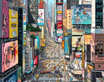 Pintura de arquitetura única nova york times square impressão de arte realista decoração de parede vibrante esboço urbano arte de nueva york nyc