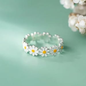 Justerbar silverring med prästkrage, öppen blomring, solrosring, nätt och fin ring, söt oändlighetsring, minimalistisk ring, present till henne